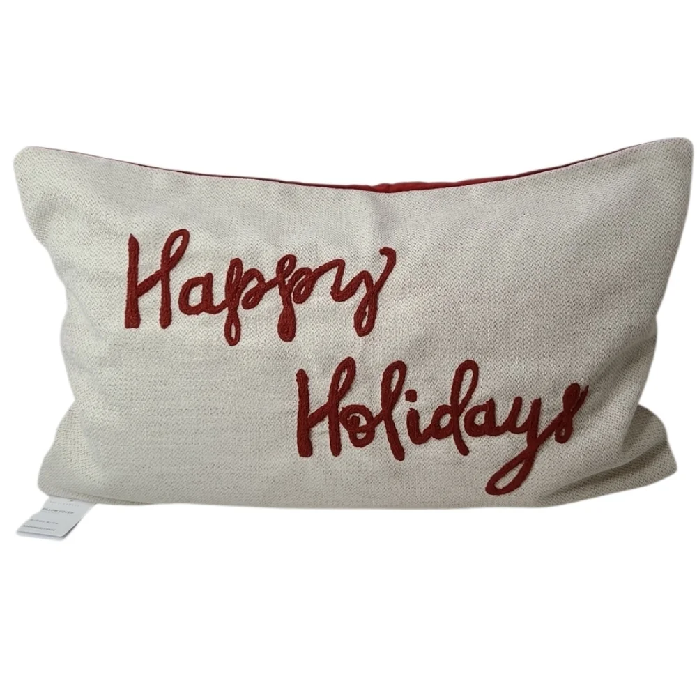 NWT Pottery Barn Happy Holidays Embroidered Lumbar Pillow Cream Deep Red 16x26